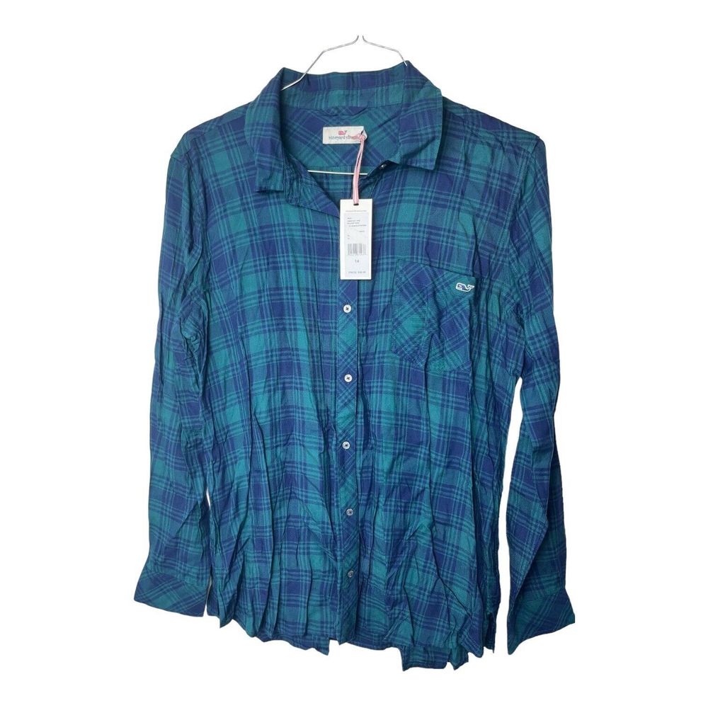 Vineyard Vines Womens NWT Woven Shirt Navy And Green Plaid Sz 14 Long Sleeve